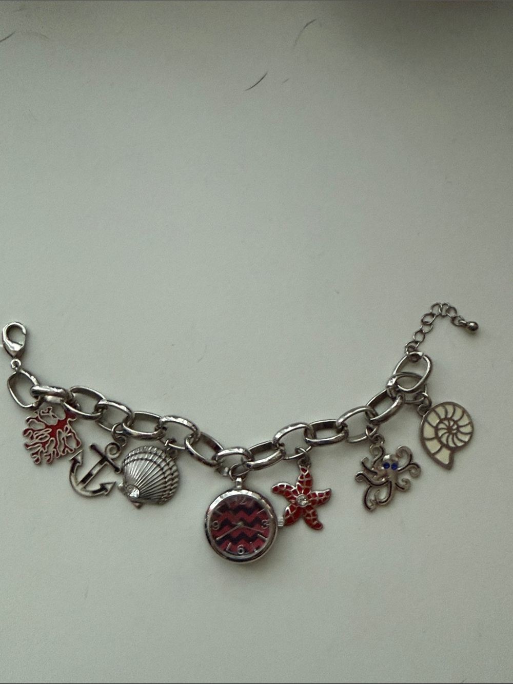 Silver Nautical Charm Watch Bracelet with Red Accents